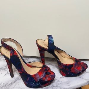 Jessica Simpson multi color blue and red high heels shoes with the Platform